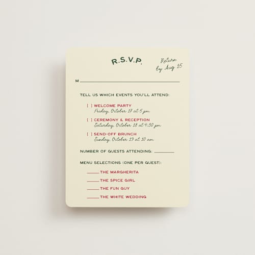 This is a pizzeria rsvp cards with standard by Ani Somi called trattoria printing on signature in standard