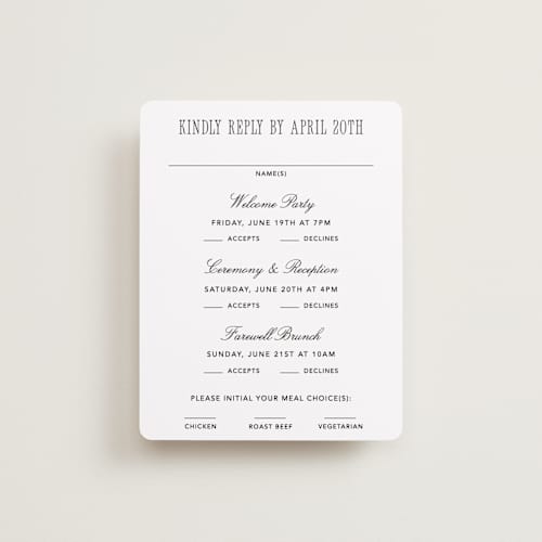 This is a silk rsvp cards with standard by Kelly Schmidt called formal minimalist printing on signature in standard