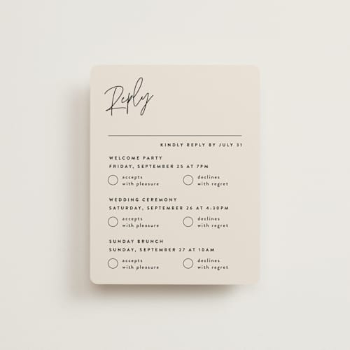 This is a champagne rsvp cards with standard by JoAnn Jinks called signed printing on signature in standard