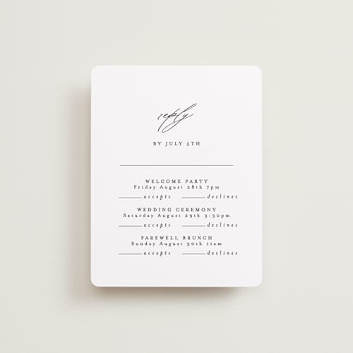 This is a cotton rsvp cards with standard by Angela Thompson called delicate script printing on signature in standard