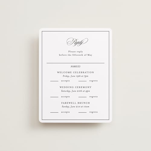 This is a noir rsvp cards with standard by Kimberly FitzSimons called sincerity printing on signature in standard