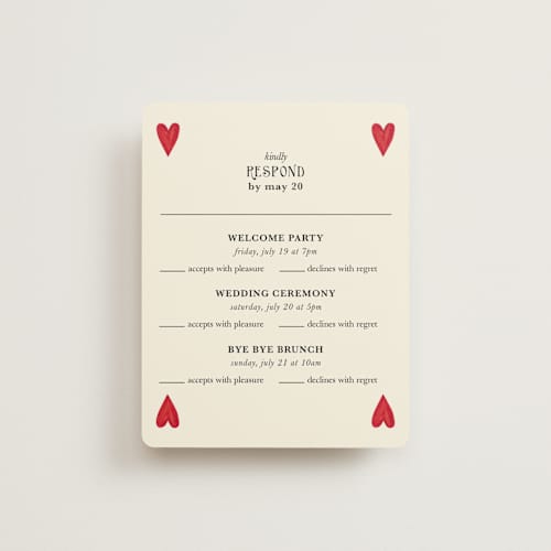 This is a champagne rsvp cards with standard by Helena Vitto called red hearts printing on signature in standard