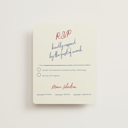 This is a blue velvet rsvp cards with standard by Helena Vitto called handwritten letter printing on signature in standard