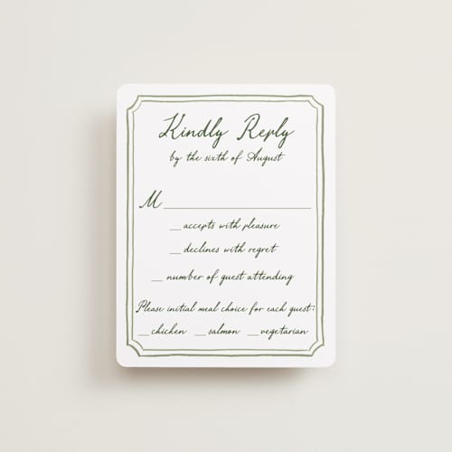 This is a moss rsvp cards with standard by Cass Loh called handwritten printing on signature in standard