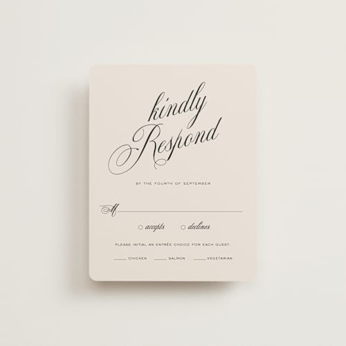 This is a almond rsvp cards with standard by Eric Clegg called modern romance printing on signature in standard