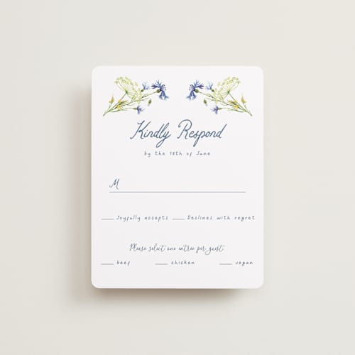 This is a ivory rsvp cards with standard by frau brandt called wildflower romance printing on signature in standard