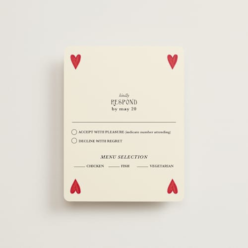 This is a champagne rsvp cards with standard by Helena Vitto called red hearts printing on signature in standard