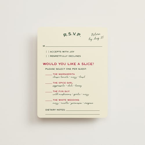 This is a pizzeria rsvp cards with standard by Ani Somi called trattoria printing on signature in standard