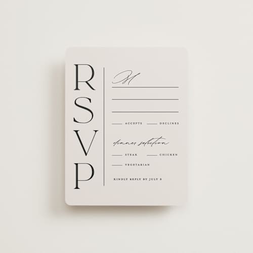 This is a ecru rsvp cards with standard by Erica Krystek called modern monogram printing on signature in standard