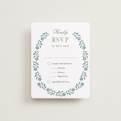 This is a periwinkle rsvp cards with standard by Alethea and Ruth called sweet vintage printing on signature in standard