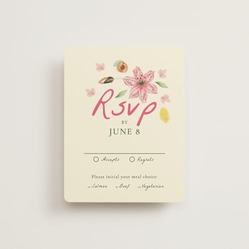 This is a blush rsvp cards with standard by Emily Miranda called romantic tropical wedding printing on signature in standard