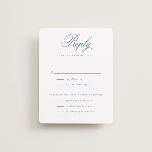 This is a bluebell rsvp cards with standard by Jessica Williams called marenza printing on signature in standard