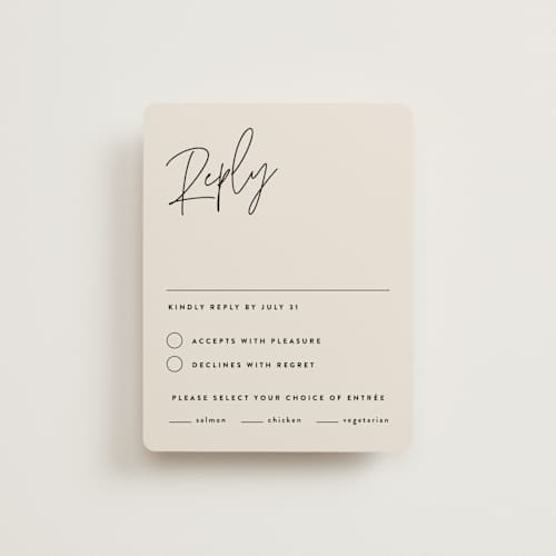 This is a champagne rsvp cards with standard by JoAnn Jinks called signed printing on signature in standard
