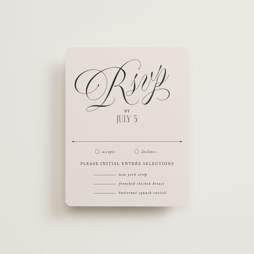 This is a linen rsvp cards with standard by Kate Ahn called mirin printing on signature in standard