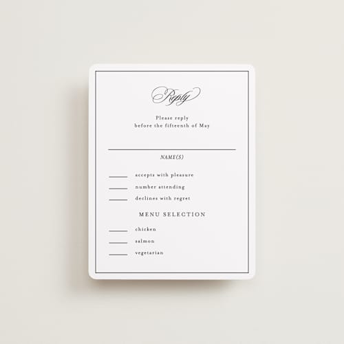 This is a noir rsvp cards with standard by Kimberly FitzSimons called sincerity printing on signature in standard
