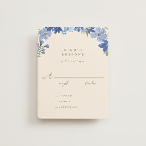 This is a blueberry rsvp cards with standard by Creo Study called nilgiri printing on signature in standard