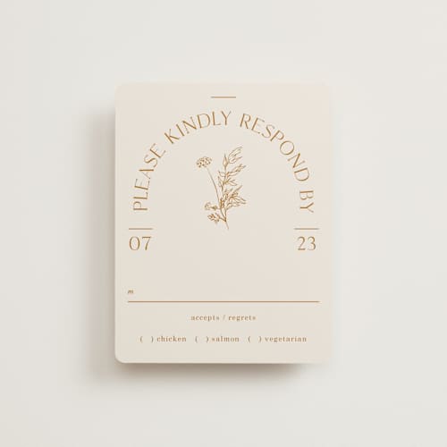 This is a cream rsvp cards with standard by Baumbirdy called floral type arch printing on signature in standard