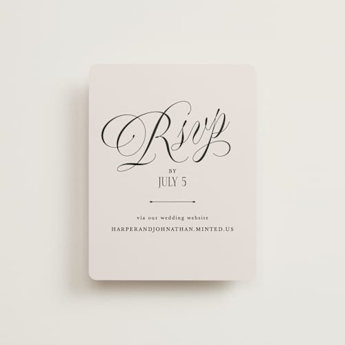 This is a linen rsvp cards with standard by Kate Ahn called mirin printing on signature in standard