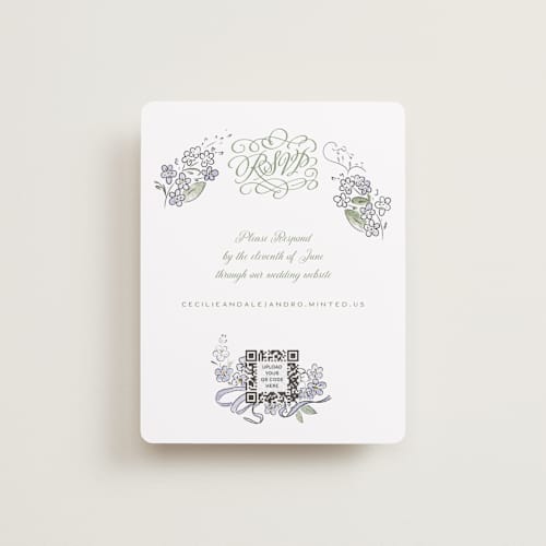 This is a violet rsvp cards with standard by Jenna Holcomb called forget me nots printing on signature in standard