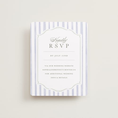 This is a periwinkle rsvp cards with standard by Kristen Smith called delicate vines printing on signature in standard