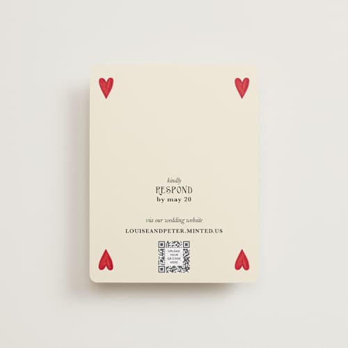 This is a champagne rsvp cards with standard by Helena Vitto called red hearts printing on signature in standard