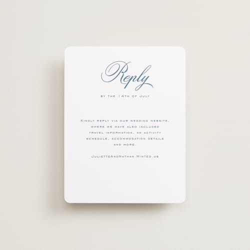 This is a bluebell rsvp cards with standard by Jessica Williams called marenza printing on signature in standard