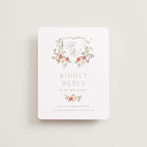 This is a pomegranate rsvp cards with standard by Everett Paper Goods called roses crest printing on signature in standard
