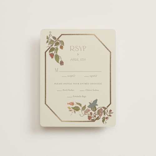 This is a mint rsvp cards with foil pressed by Simona Camp called radiant botany printing on signature in standard