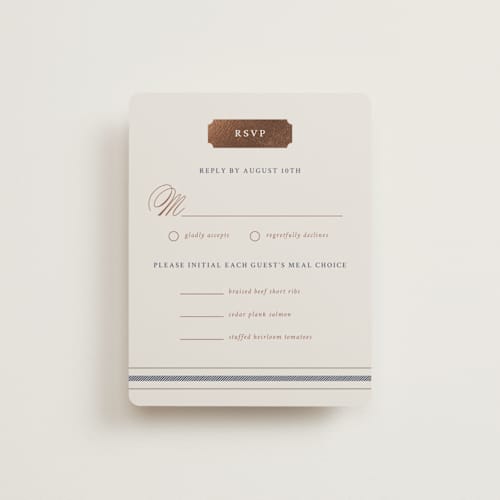 This is a midnight rsvp cards with foil pressed by Sam Dubeau called equestrian printing on signature in standard