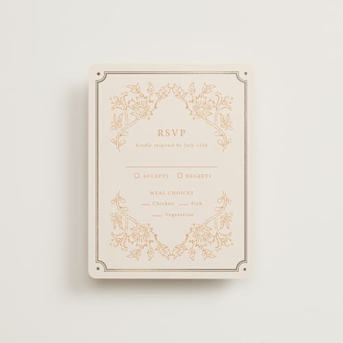 This is a ochre rsvp cards with foil pressed by Hannah Bowman called marigold printing on signature in standard