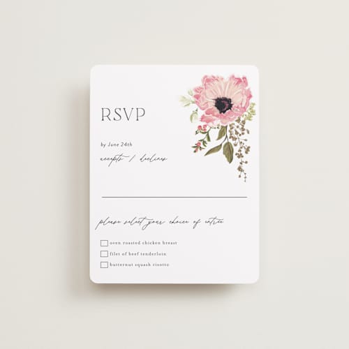 This is a peony rsvp cards with foil pressed by Susan Moyal called timeless blooms printing on signature in standard