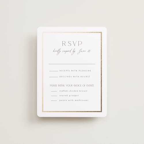 This is a porcelain rsvp cards with foil pressed by Nicole Walsh called regal printing on signature in standard