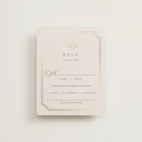 This is a champagne rsvp cards with foil pressed by Griffinbell Paper Co. called seaside printing on signature in standard
