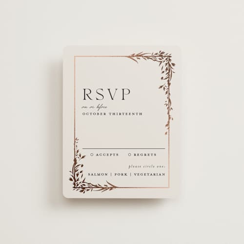 This is a almond rsvp cards with foil pressed by Erin L. Wilson called trailing vines printing on signature in standard