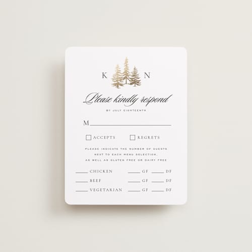 This is a snow rsvp cards with foil pressed by Stacy Maalouf called gilded forest printing on signature in standard