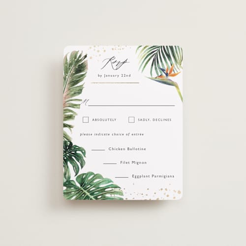 This is a tropical rsvp cards with foil pressed by Elly called our paradise printing on signature in standard