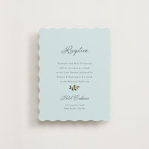 This is a papaya reception cards with standard by Susan Moyal called tropical crest printing on signature in standard
