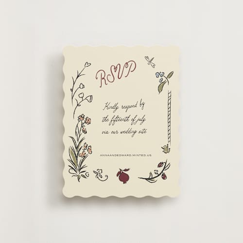 This is a pomegranate rsvp cards with standard by Helena Vitto called love rests in a garden printing on signature in standard