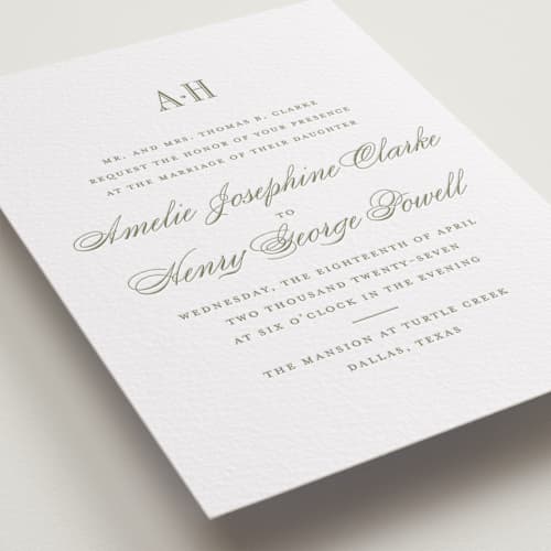 This is a artichoke letterpress wedding invitations with letterpress by Megan Davis called hepburn printing on white cotton in standard