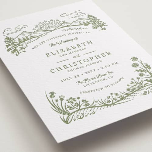This is a olive letterpress wedding invitations with letterpress by Paper Sun Studio called on the horizon printing on white cotton in standard