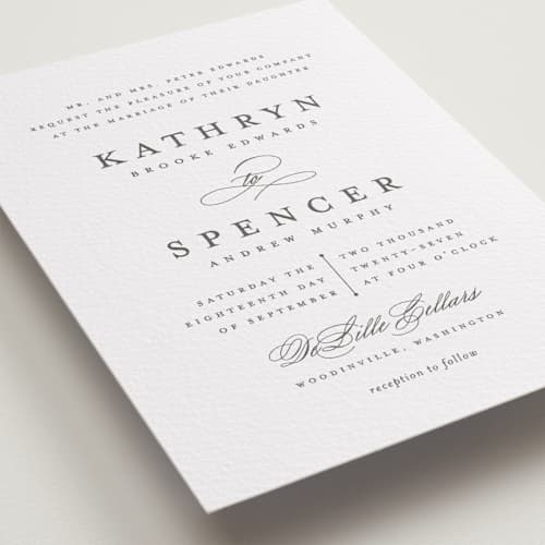 This is a soft black letterpress wedding invitations with letterpress by Olivia Raufman called classic composition printing on white cotton in standard