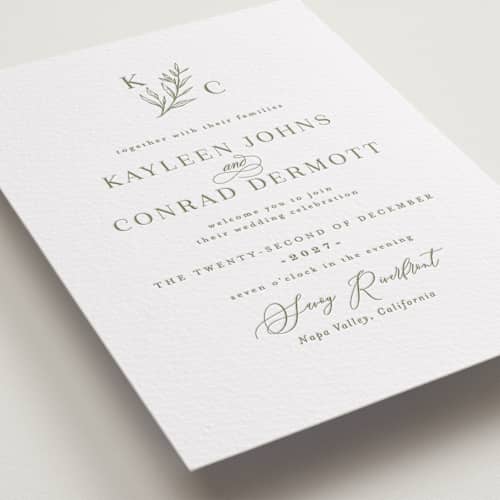 This is a artichoke letterpress wedding invitations with letterpress by chocomocacino called creme au beurre printing on white cotton in standard