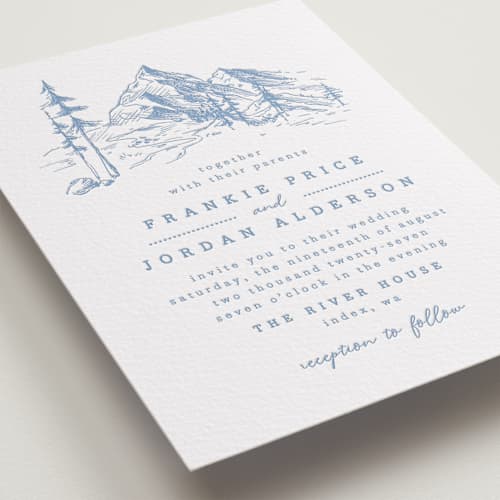This is a pacific blue letterpress wedding invitations with letterpress by Anastasia Makarova called fresh air printing on white cotton in standard