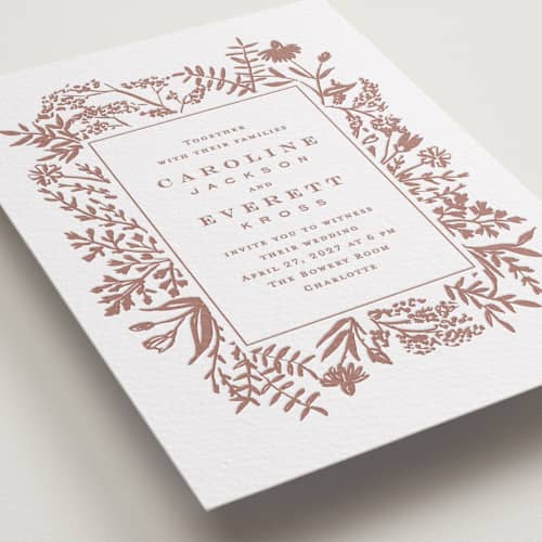 This is a cinnamon letterpress wedding invitations with letterpress by Amy Kross called morning fields printing on white cotton in standard