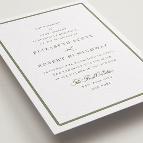This is a artichoke letterpress wedding invitations with letterpress by Megan Davis called bevel printing on white cotton in standard