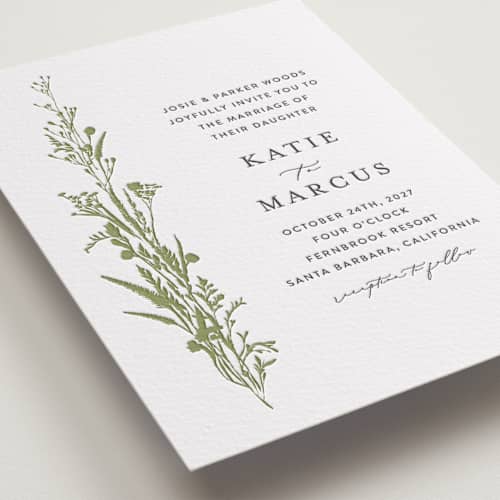This is a olive letterpress wedding invitations with letterpress by Susan Moyal called gathered printing on white cotton in standard