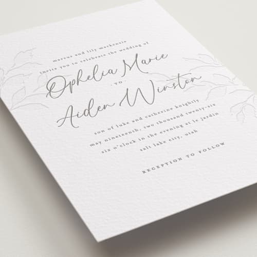 This is a graphite letterpress wedding invitations with letterpress by Wildfield Paper Co called vine printing on white cotton in standard
