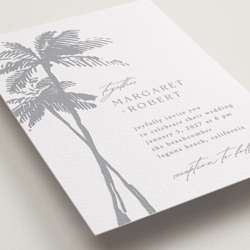 This is a granite letterpress wedding invitations with letterpress by Janean Hinger called warm winds printing on white cotton in standard
