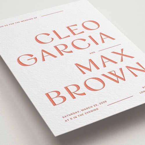 This is a grapefruit letterpress wedding invitations with letterpress by Blustery August called boldly printing on white cotton in standard