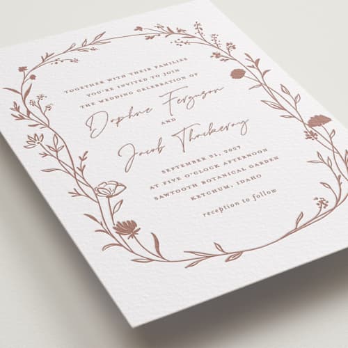 This is a cinnamon letterpress wedding invitations with letterpress by chocomocacino called mille-feuille printing on white cotton in standard